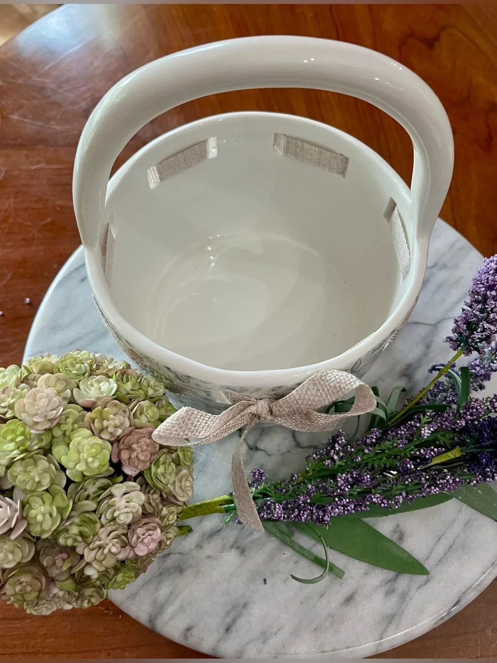 3Pc Vignette Grey Bunny Toile Ceramic Basket w Faux Floral Ball & Lavender Sprig
